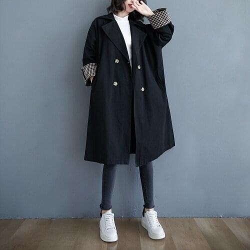 Plus Size Women Trench Coat Patchwork Plaid Suit Collar Outwear Loose Lady Autumn New Big Overcoat Black Long Windbreaker Jacket
