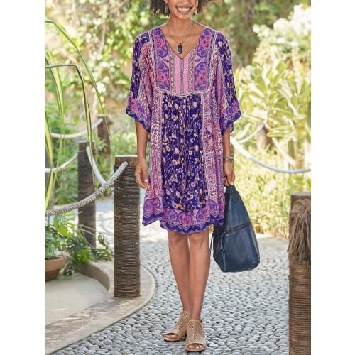 Vintage loose printed shift dress 2020 Summer boho dress Purple yellow orange blue pink red sukienka Casual beach gypsy dress