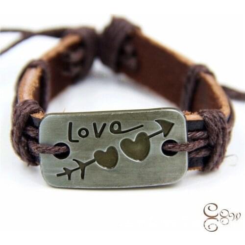 Jewelry Bracelet Valentines Day Gift Couple Japan and South Korea A Heart-through Love Retro Cowhide Weaving Wholesale Bulk