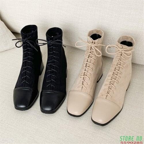 2021 Autumn Winter Women Ankle Boots Shoes Solid Black Beige Lace-up Square Toe Rubber Elegant fashion Low Heels Women Boots 43