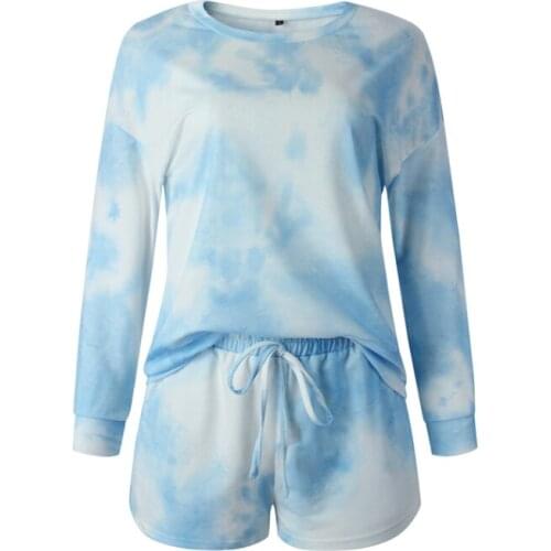 Women Tie Dye Print Two Piece Set Plue Size S-3xl Summer Sets Long Sleeve T Shirt And Hight Waist Shorts Outfit Leisure Home Set