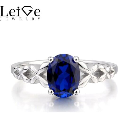 Leige Jewelry Blue Sapphire Ring Wedding Ring September Birthstone Oval Cut Gemstone Blue Gem 925 Sterling Silver Solitaire Ring
