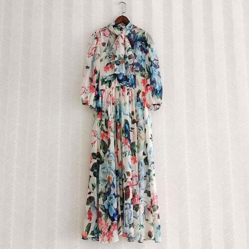 Summer 2021 New Designer womens High quality floral print Chiffon dress Holiday style sweet elegant dress A206