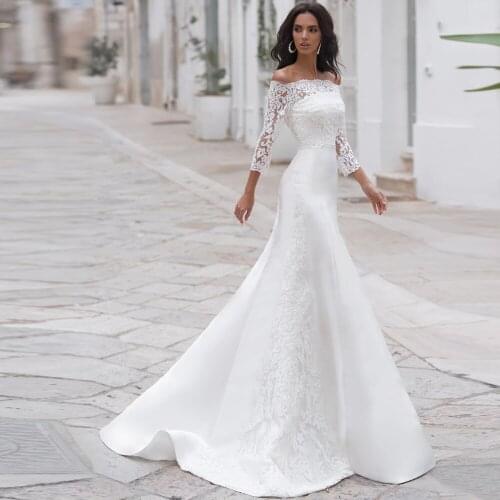 Vestidos Sexy Wedding Dresses Appliques Pleat Square Collar Covered Button Three Quarter Mermaid Bridal Gowns Novia Do