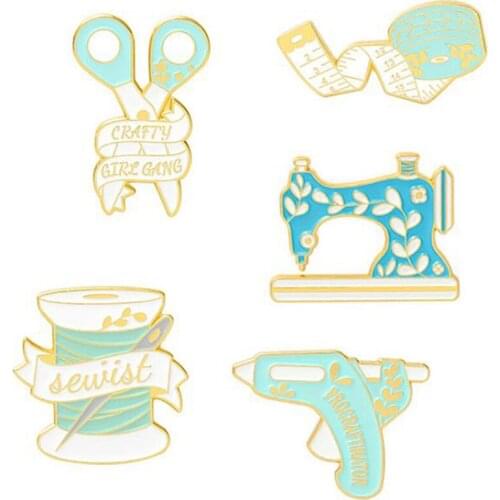 1Pc Pins Scissors Sewing Machine Tape Measure Glue Gun Brooch Lapel Badge Bag Cartoon Jewelry Gift For Kid Friends