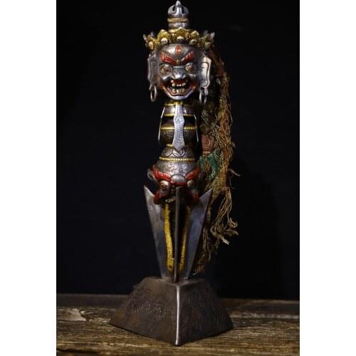 13" Tibet Buddhism Temple Tiantie Painted 3-sided ghost head statue Snake tiger head statue Dorje Vajra Phurba Dagger Holder