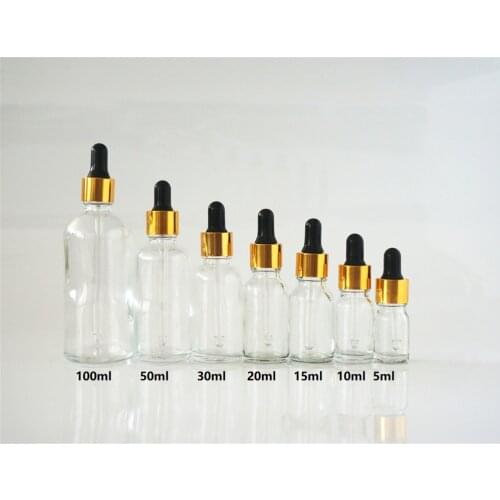 5/10/15/20/30/50/100ml Reusable Clear Essential Oil Bottle with Black Rubber Head Dropper Gold Cap Cosmetic Refillable Container