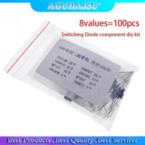 8values=100pcs 1N4148 1N4007 1N5819 1N5399 1N5408 1N5822 FR107 FR207 Switching Diode component diy kit