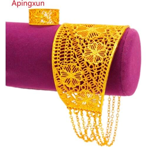 Apingxun 24K Gold Color Cuff Barcelet&Ring Set African Tassles Free Size Bangle French/American Women Bridal Wedding Jewelry