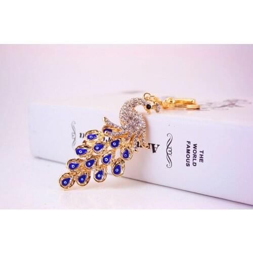 Bling Blue Eye Peacock Keychain Rhinestone Keyring Peafowl Keyrings Bag Pendant Car Bag Chain Best Gift For Friend
