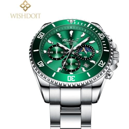 2021 New Fashion Mens Watch Waterproof Stainless Steel Green Diver Sports Chronograph Quartz Watch Men Relogio Masculino