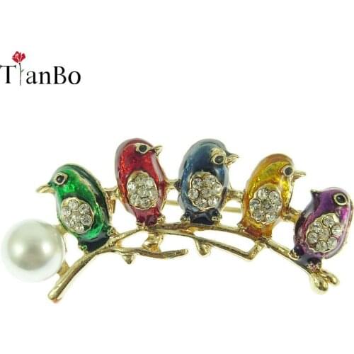 Colorful Enamel Five Birds Brooch With Crystal Rhinestones Collar Clip Dress Coat Decoration Animal Brooches For Friends Gift uk