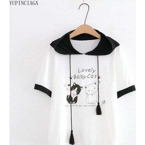 Womens Cartoon Cute Cat Print Hit Color Patchwork T Shirts Short Sleeve O-Neck Cotton T Shirt Femme Casual Loose Basic Tops