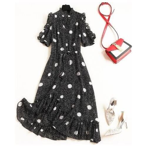 2019 summer wooden ear small stand collar buckle elastic waist point floral irregular chiffon dressT3631