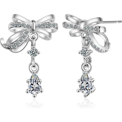 ModaOne 925 Sterling Silver Sparkling Bowknot Drop Earrings With Water Drop Cubic Zircon For Women Fashion Jewelry