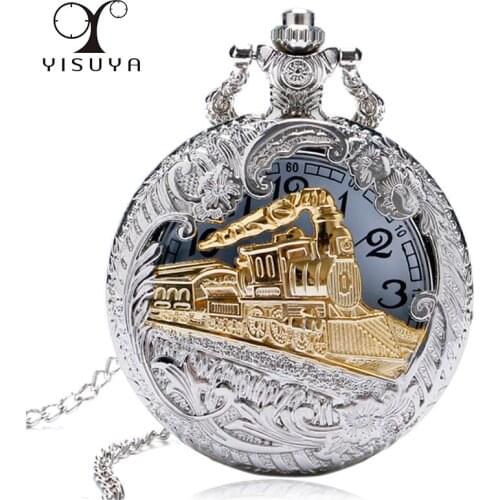 2019 New Train Locomotive Engine Pattern Hollow Cover Design Pocket Watch Necklace Pendant Chain Unisex Gifts Clock cep saati