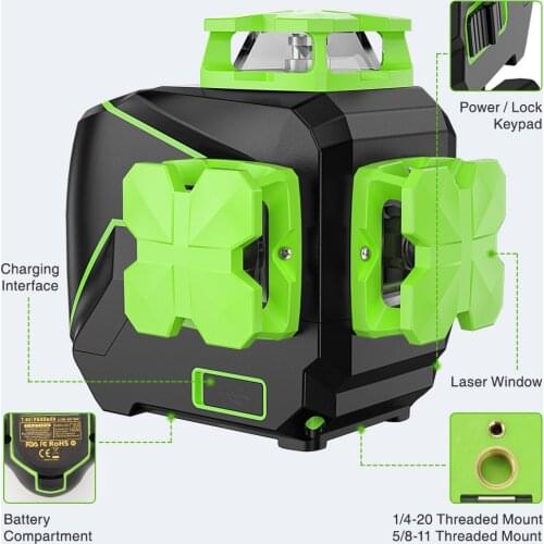 Huepar 12 lines 3D Cross Line Laser Level Self-leveling Green Beam Vertical & Horizontal with USB Charger Use Dry Li-ion Battery