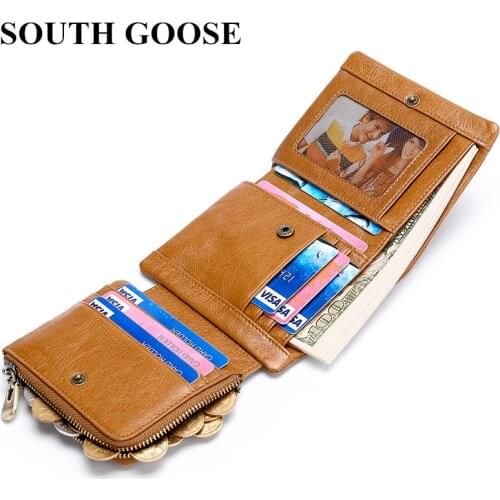 SOUTH GOOSE Genuine Leather Men Wallets RFID Anti Theft Scanning Mens Leisure Wallet Trifold Credit Card Holder Coin Purses