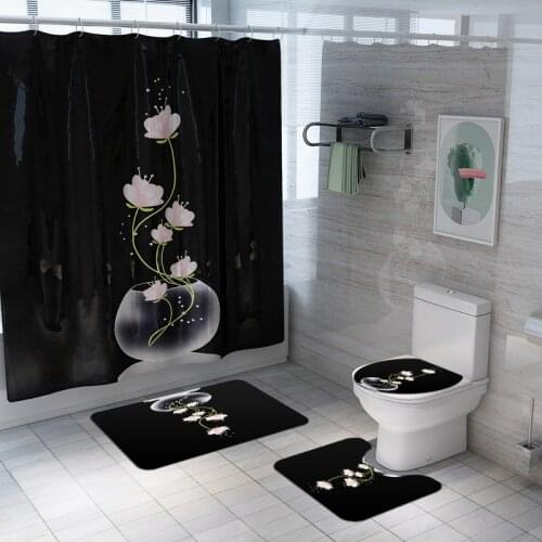 Black Lotus Bathroom Curtain Set Waterproof Polyester Fabric Flower Printing Shower Curtains Non-slip Bath Mat Home Decor