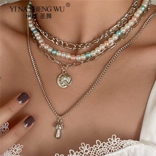 Lady Multi-layer Chain Item Imitation Pearl Small Mushroom Pendant Necklace Multi-layer Gold Chain Party Jewelry Accessorie New