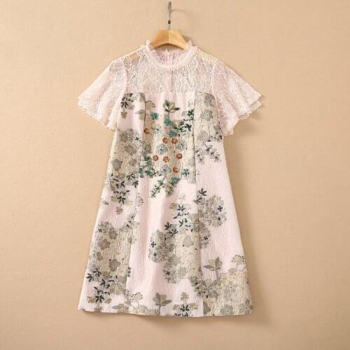 European and American womens wear for summer 2021 Lace horn sleeve collar splice jacquard Fashion Pink Dress