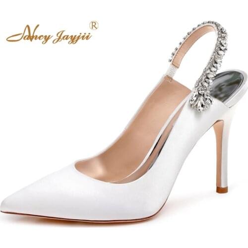 Satin Crystal Slingbacks Ladies Wedding Shoes Pointed Close Toe Stilettos Pumps Woman High Thin Heels Large Size 30 33 Elegance