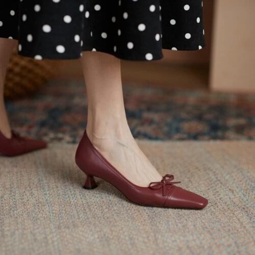Osunlina Womans Pumps Wine Red Real Genuine Leather Square Toe Low Spike Heels Slip On Shallow Butterfly-Knot Shoes Lady A267