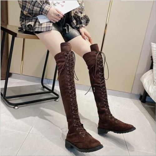 Women Thigh High Boots Fashion lace up winter autumn Suede Leather High Heels Lace up Female Over The Knee Boots Plus Size Shoes