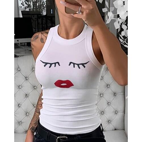 Women Summer O Neck Sleeveless Casual Basic Tops Lip Print Eyelash Lip Print Round Neck Tank Top