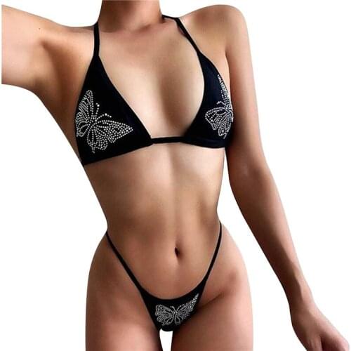 Womens Solid Color Butterfly Decoration 2Pcs Bikini Suit Deep V-neck Split Style Halter Tops with Thongs for Beach/Swimming