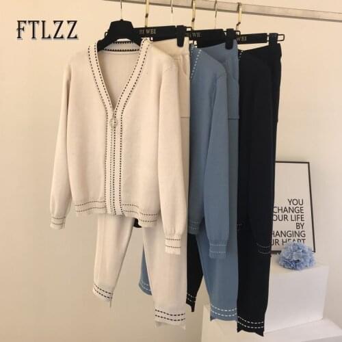 Women 2 Piece Set Spring Autumn Womens Clothing Fashion V Neck Zipper Sweater And Slim Pants Knitted Two Piece Outfit Femme