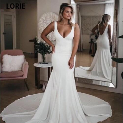 LORIE Strap Mermaid Chiffon Wedding Dresses 2021 Robe De Mariee Sexy V-Neck Court Train Simple Design Backless Vestido Novia