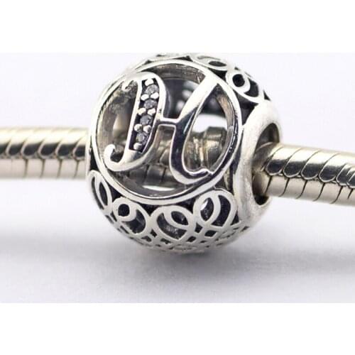 100% 925 Sterling Silver Clear CZ Vintage H Alphabet Charms Beads For Jewelry Making Fits Original Pandora Bracelets Berloques
