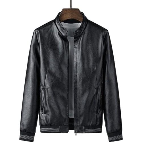 2021 new mens simple casual PU leather jacket, teenager stand-up collar straight leather jacket