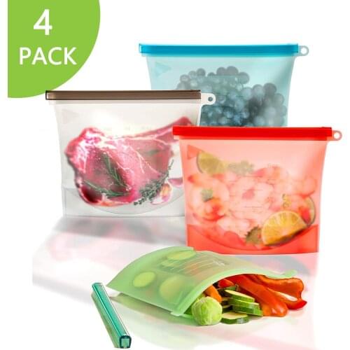 4Pcs BPA Free Reusable Silicone Food Bag Eco Friendly Ziplock Freezer Bags Food Preservation For Storage Food Vegetable Liquids