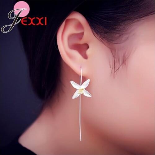 Brand lily Flower 925 Sterling Silver Long Earrings For Women Party Jewelry Dangle Earring Bijoux Accessory
