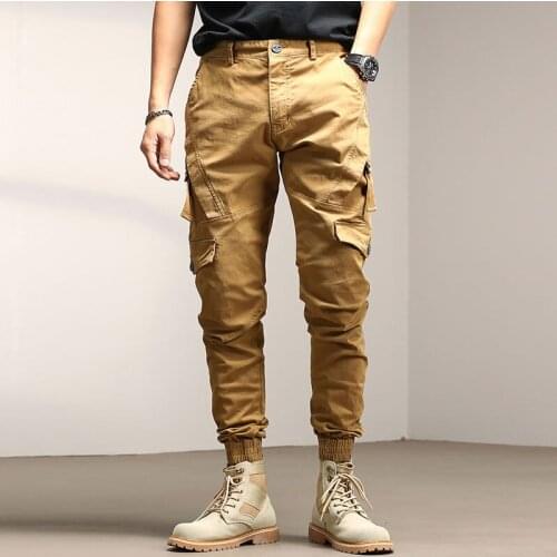 Japanese Vintage Fashion Men Jeans High Quality Slim Fit Multi Pockets Casual Cargo Pants Streetwear Hip Hop Joggers Trousers