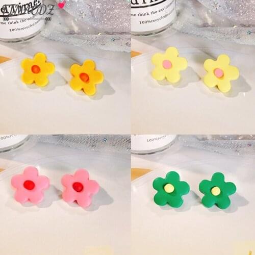 FIMAODZ Korean Style Flower Shape Stud Earrings for Girls Lovely Pink Red Blue Purple Daisy Blossom Ear Clip Women Kids Gift