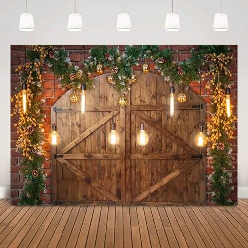 Xmas Rustic Wood Door Background Photography Brick Wall Christmas Kids Portrait Backdrop Photo Studio Light Bulb Green Wreath