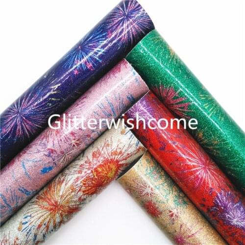 Glitterwishcome Fireworks Printed Smooth Glitter Synthetic Faux Vinyl Leather Fabric with Felt Backing For Bows 21X29CM GM1016A