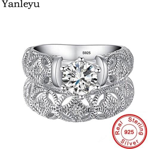 Yanleyu 2pcs Couple Wedding Rings Set for Women Genuine 925 Sterling Silver AAA+ Cubic Zirconia Engagement Jewelry Ring PR224