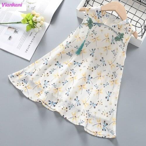 Summer Baby Girl Cheongsam Dresses Children Sleeveless Dress Chiffon Kids Princess Girls Party Dress 2021 New Print Clothing
