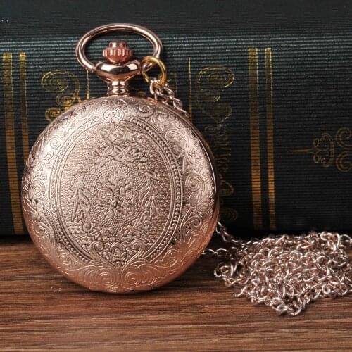 8840Fashion retro rose gold pattern open cover quartz pocket watch men and women children with chain