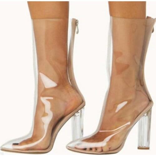 2020 New Sexy Boots Womens Transparent Cool Boots PVC Boots Fashion Thick With Breathable Crystal Heels