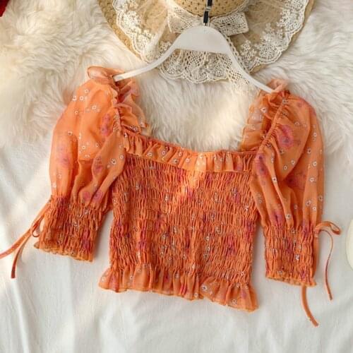 Retro Ruffled Mini Floral Chiffon Pleated Shirts Wild Bubble Sleeve Square Collar Blouses High Waist Lace Up OL Crop Tops Blusas