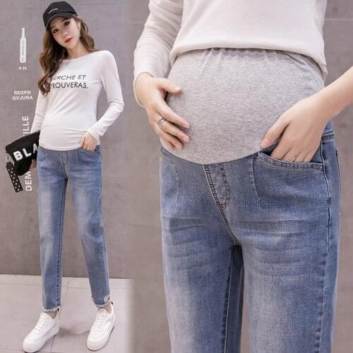 Washed Denim Maternity Jeans Straight Loose Harem Pants Clothes for Pregnant Women Autumn Pregnancy Belly Trousers