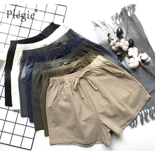 Plegie Summer Shorts Women Cotton Linen Shorts Trousers Feminino Womens High Elastic Wasit Home Loose Casual Shorts With Pocket