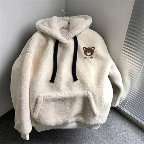 Warm Cartoon Bear Embroidery Print Fluffy Hoodies Pullover Sweatshirts Loose Hooded Tops 2021 Autumn Winter Women Plush Hoodies