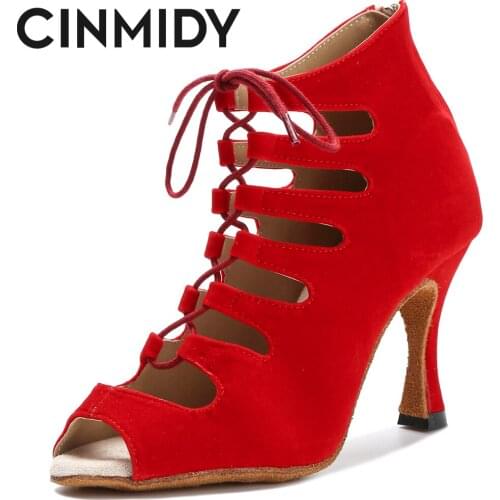 Black Latin Dance Shoes Women Tango Salsa Rumba Ballroom Satin Dance Boots Women Red Sexy Pole Dance Shoes Ladies High Heels