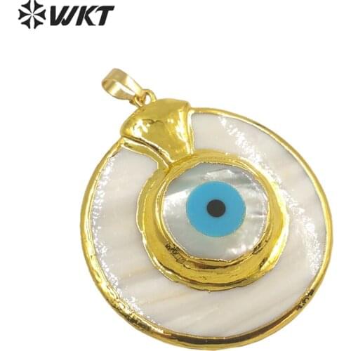 WT-JP260 WKT Newest design big Round natural white Shell Evil Eye pendant women Gorgeous Lucky Turkey Eye shell pendants
